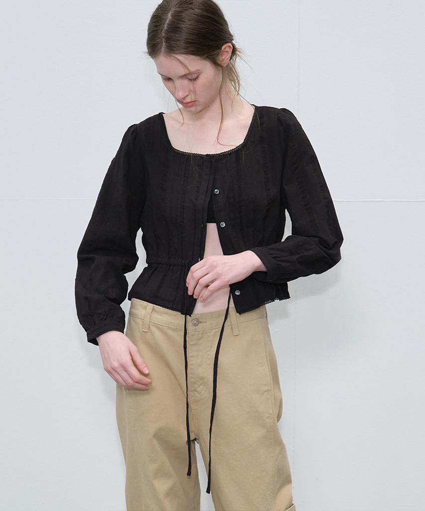 Peulibeo07 Ribbon Shirring Crop Blouse_Black
