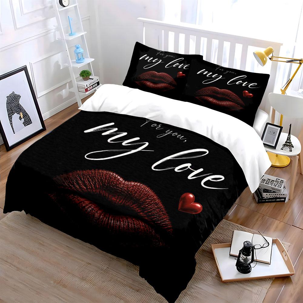 Elegant Red Lips Love Design Bedding Duvet Cover Set Duvet Cover Pillowcases  (1*Duvet Cover 2*Pillowcases, without duvet insert)