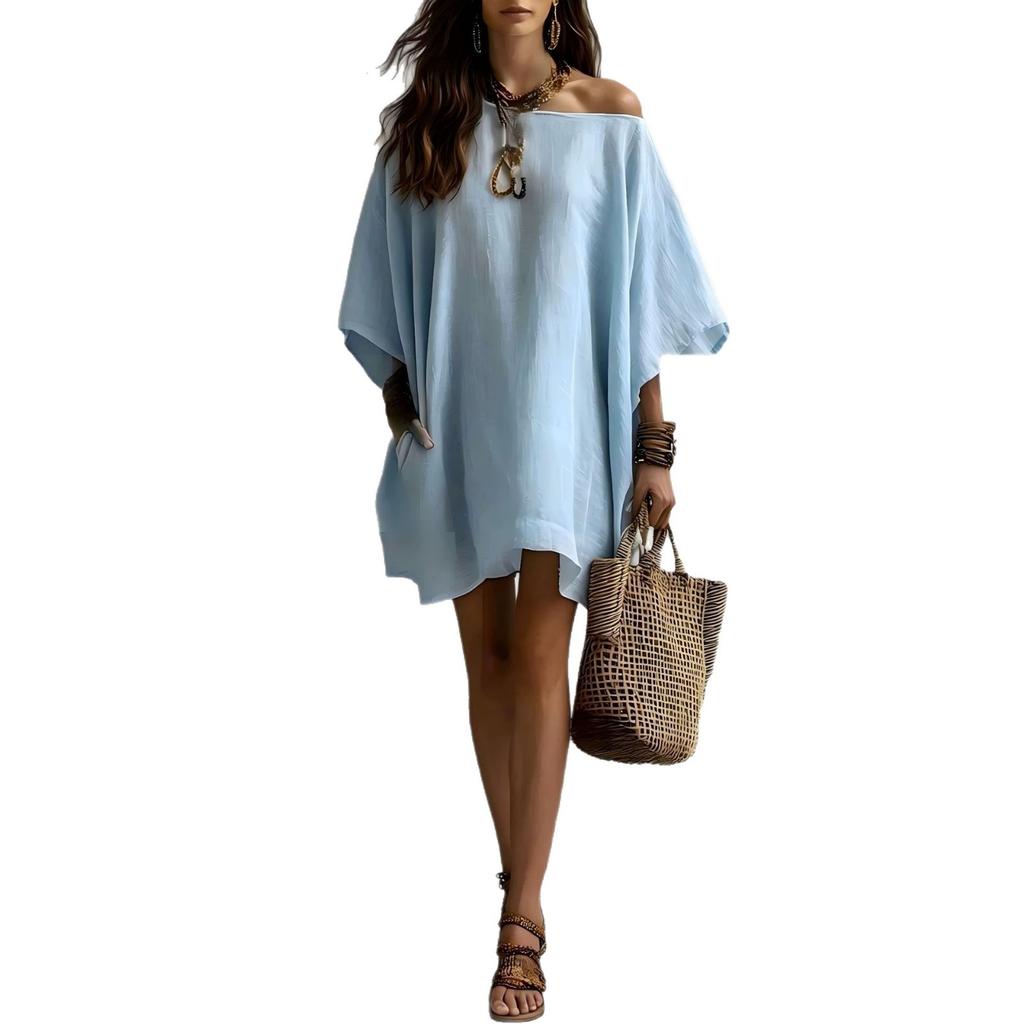 Sommerlich lässiges Modekleid für Damen aus Baumwoll-Leinen-Mischung, schulterfrei, mit Fledermausärmeln, lockerer Passform