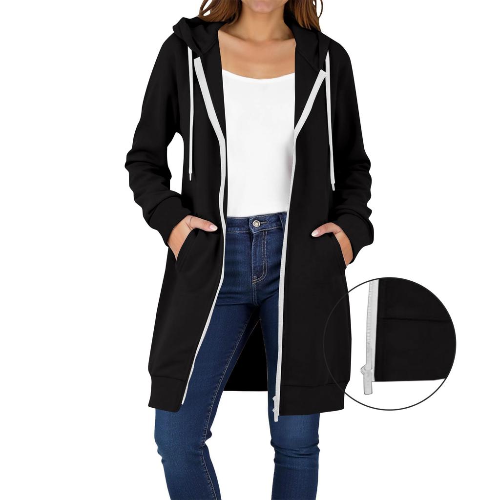 Damskie bluzy z kapturem zapinane na zamek, z długim rękawem, długie tuniki, bluzy dresowe, oversize, polarowe, casualowe, jesienne kurtki, płaszcze z kieszenią