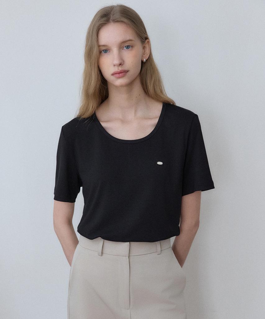 OURHOPE Soft Silky Logo U-Neck T-Shirt - Black