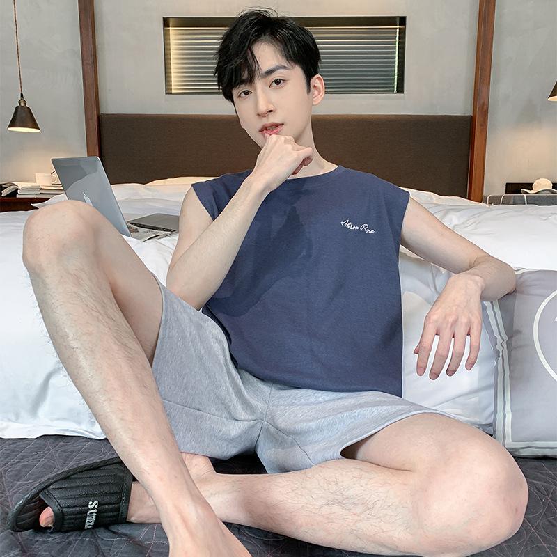 Men's Summer Thin Section Homewear Suit Teen Round Neck Sleeveless Top + Shorts Two-piece Set