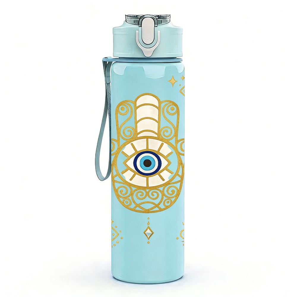 1PC Evil Eye Hand Amulet Art Print 750ml Color Plastic Sports Water Bottle Leakproof Flip Straw Lid Suitable for Sports Office Home Use