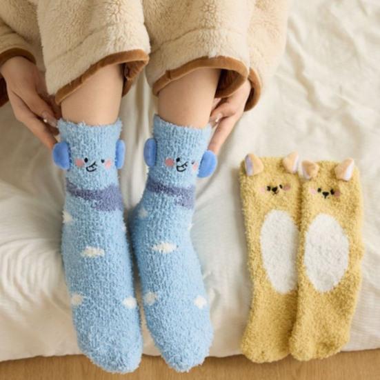 1 Pair Sleeping Socks Cartoon Animal Design Thickened Coral Velvet Warm Winter Socks Mid-Tube Non-Slip Indoor Winter Socks