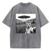 Trendiges T-Shirt Vintage Gewaschenes Baumwoll-T-Shirt Retro UFO und Katze Muster Grafik Top Tee Lässige Streetwear Frühling Sommer