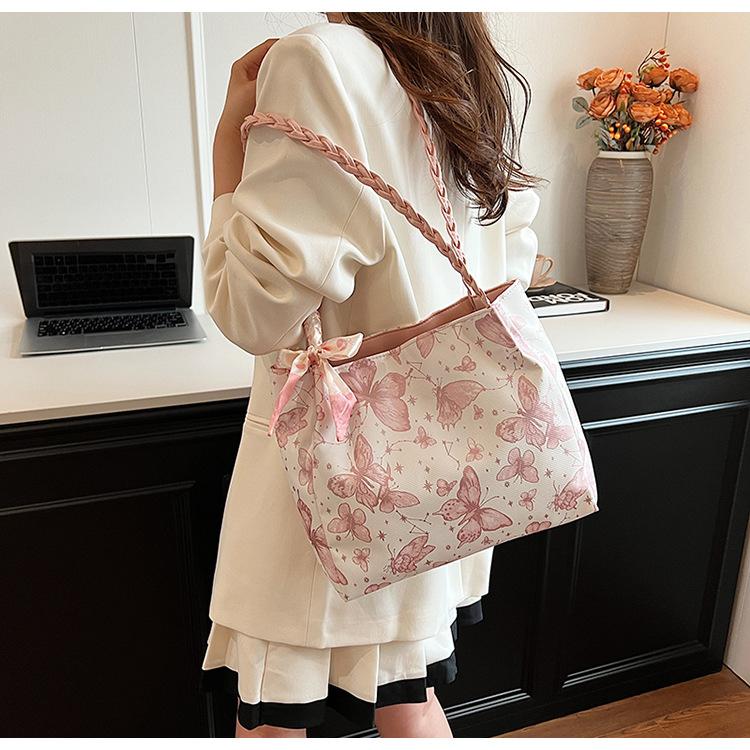 Chic Butterfly Print Faux Leather Tote Bag for Women, Woven Texture Shoulder Underarm Bag, Casual Daily Commute Handbag KTB