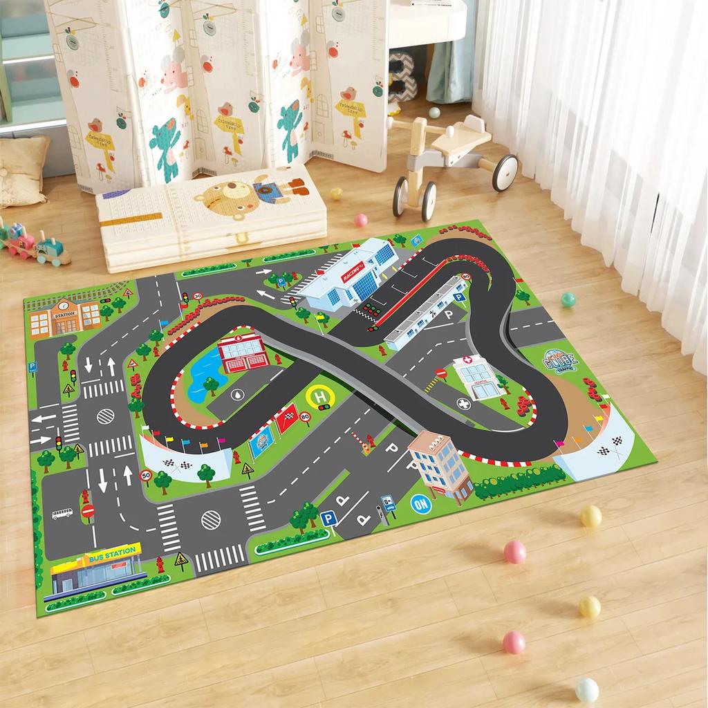 City Map Play Rug for Kids Room Town Road Track Carpet Toy Cars Interactive Playroom Floor Mat Nursery Toddler Home Decoration