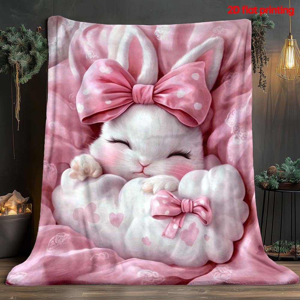 1 st Söt Rosa Rosett Sovande Kanin Flanellfilt Mjuk Mysig Varm Kawaii Kaninfilt för Sovrum Vardagsrum Heminredning