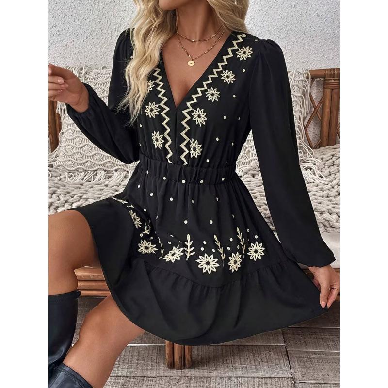 Real Shot Women's Embroidered Deep V-neck Long-sleeved European and American Dress