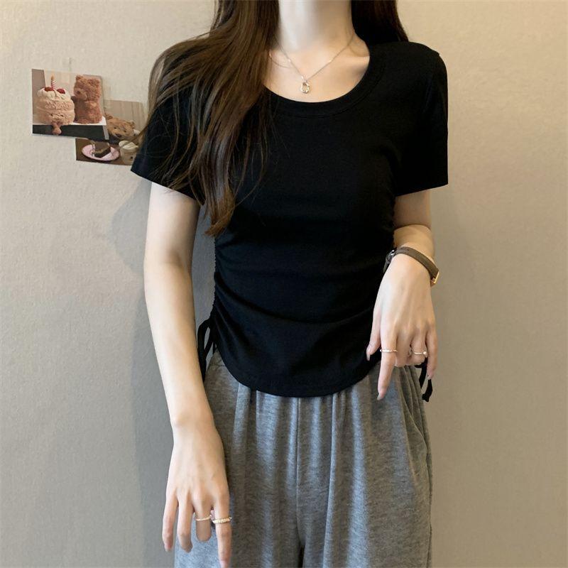 Cotton-included Design Short-sleeved T-shirt for Women's New Summer Drawstring Short Hot Girls Solid Color Round Neck Top