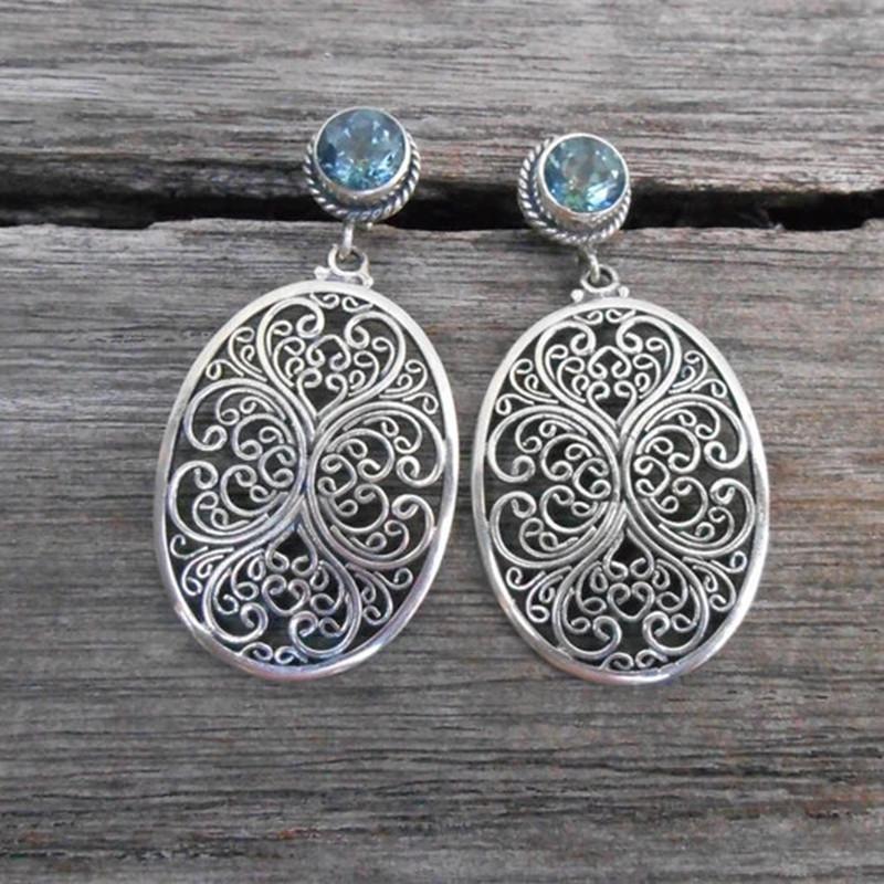 Vintage Creative Silver Color Metal Carving Hollow Flower Earrings Classic Round Inlaid Sea Blue Stone Dangle Earrings for Women