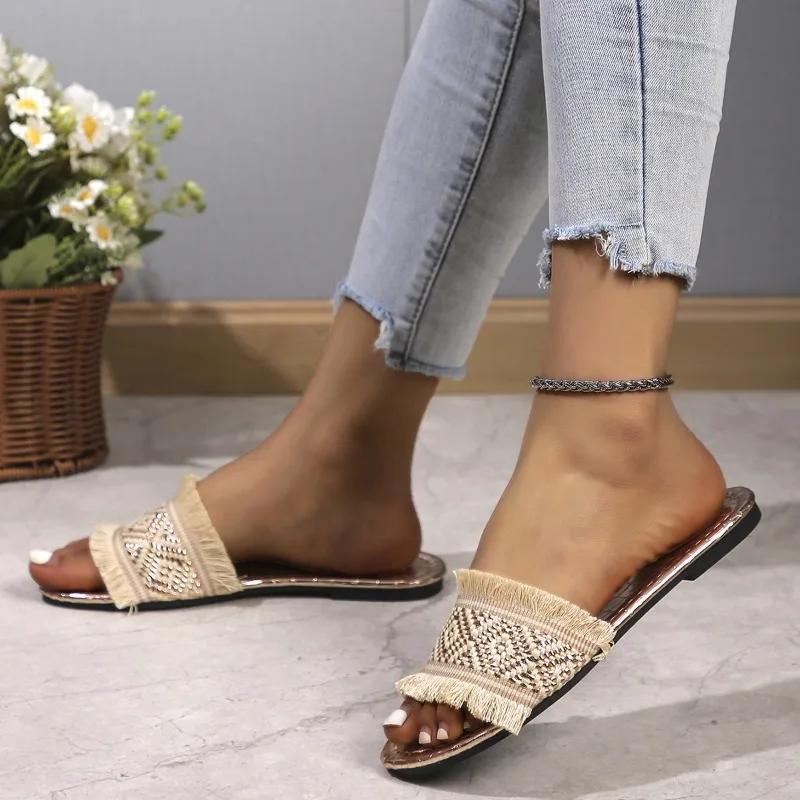 Women Slippers Summer New Simple Casual Beach Slippers Fashion Cane Weave Open Toe Flat Flip Flops Summer Outwear Ladies Sandals