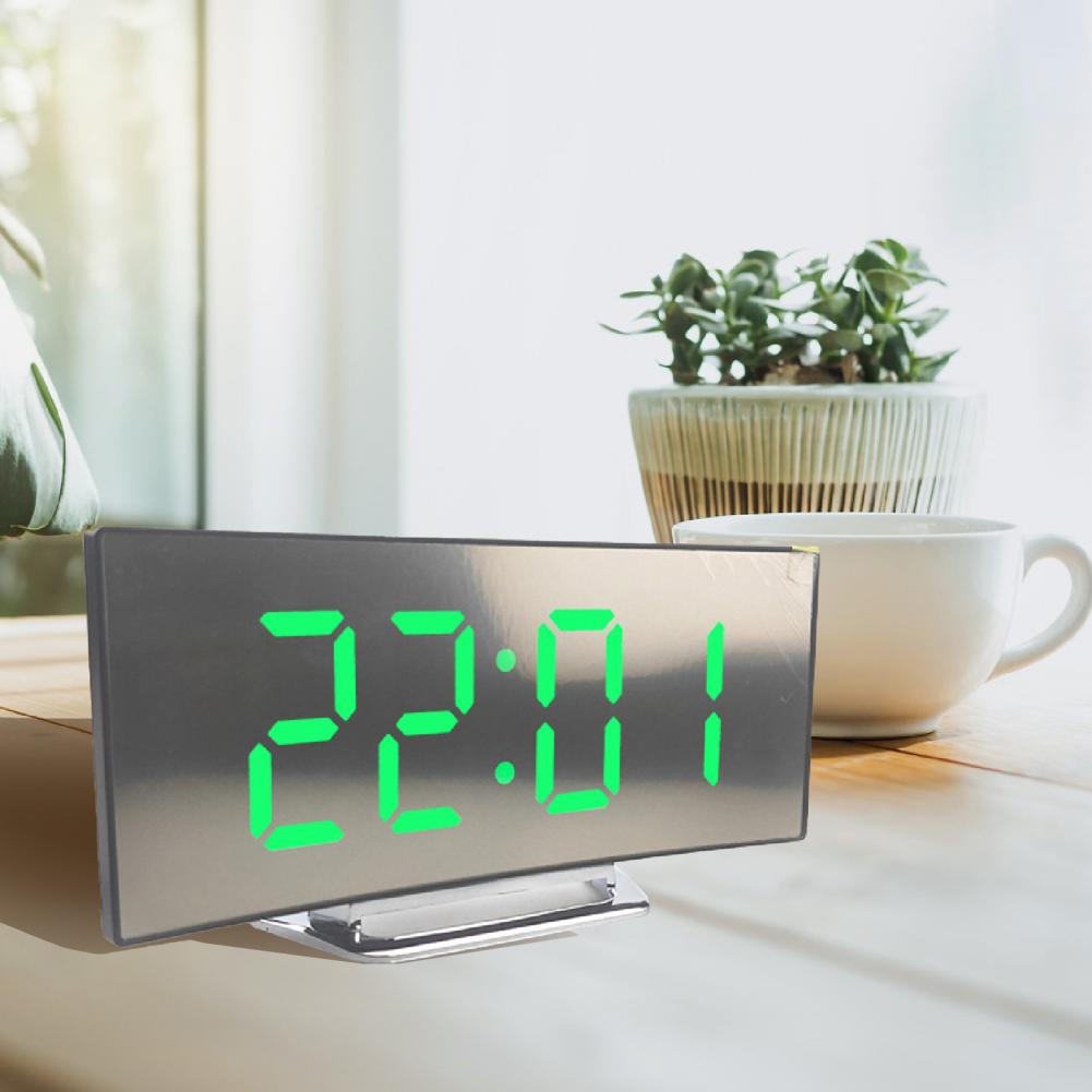 ABS Digital Smart Alarm Clock Rectangle USB Charging Electric Clock Curved LED Screen Mirror Clock Decorative Desktop Clocks