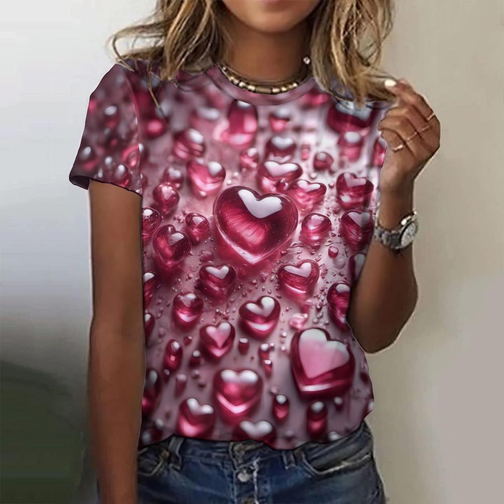 Summer Round Neck 3D Love Stone Droplets Printed Top Fashionable Casual Short Sleeved Women's T-shirts