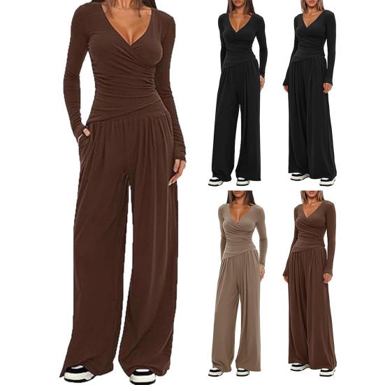 Dam 2-delade loungewearset V-ringad långärmad topp och vida byxor Set Vår Höst Casual Outfits