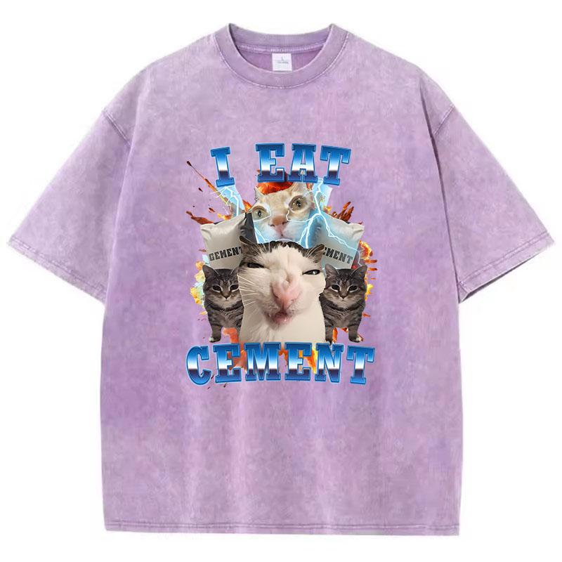 T Shirt Vintage Washed Cotton T-Shirt I Eat Cement Milk Cat Animal Graphic Tee Casual Streetwear Spring Summer Fall