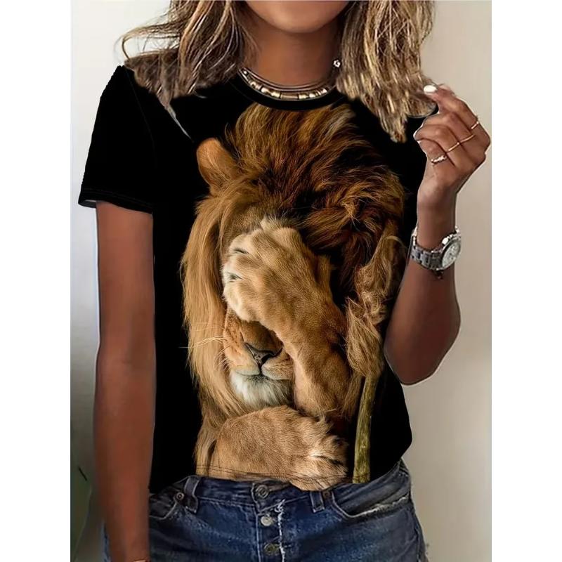 Fashion Women's Crew Neck Short Sleeve 3D Animal Color Printing Animal Short Sleeve Crew Neck T-Shirt