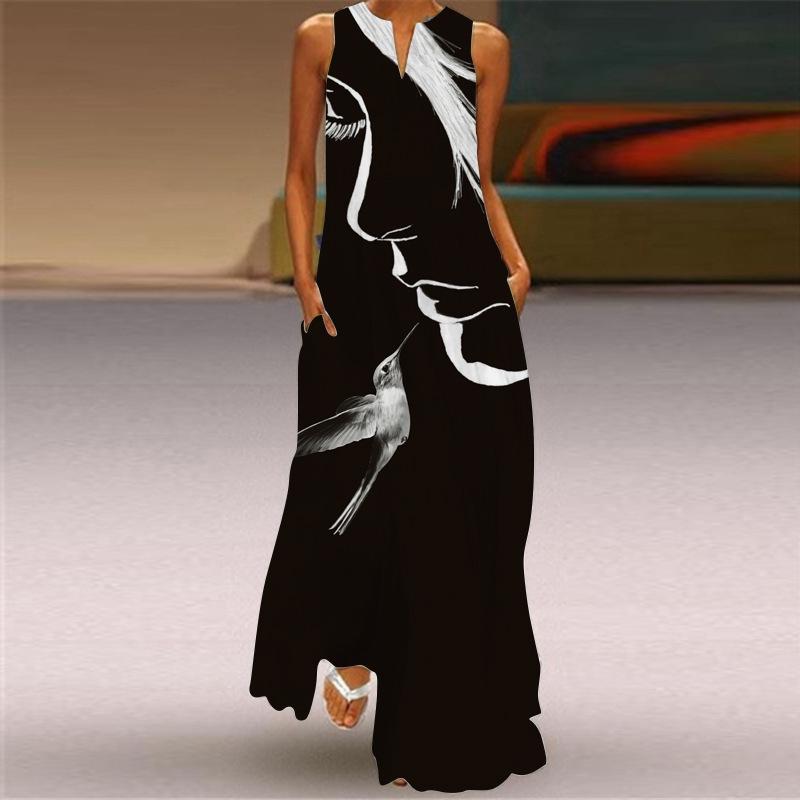 2024 Women's European & American V-Neck Face Print Loose Dress - Summer & Autumn Fashion