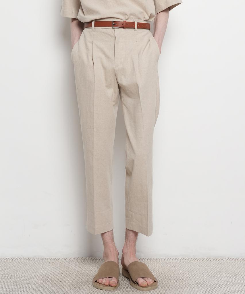 THE-ABON Men'S Summer Bio-Washed Linen Cropped Pants Beige