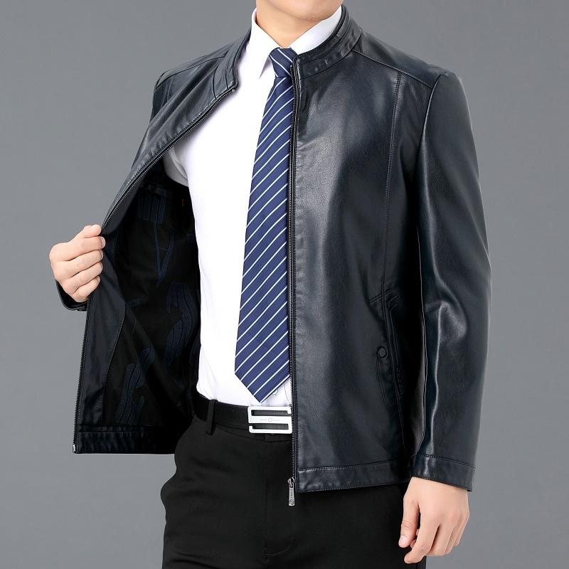 Men's Plus Size Velvet Middle-aged and Elderly Stand-up Leather Jacket Sheepskin Loose Daddy Jacket