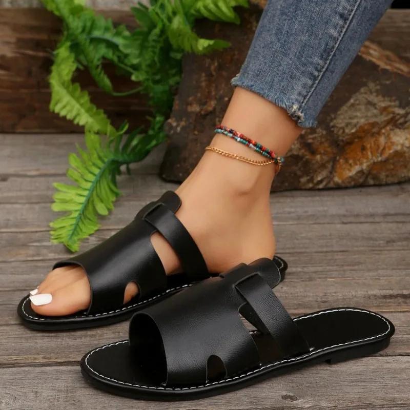 Letnie jednokolorowe płaskie sandały Popula 2024 z odkrytymi palcami, klapki outdoorowe, buty plażowe damskie, duży rozmiar Zapatos De Mujer, klapki