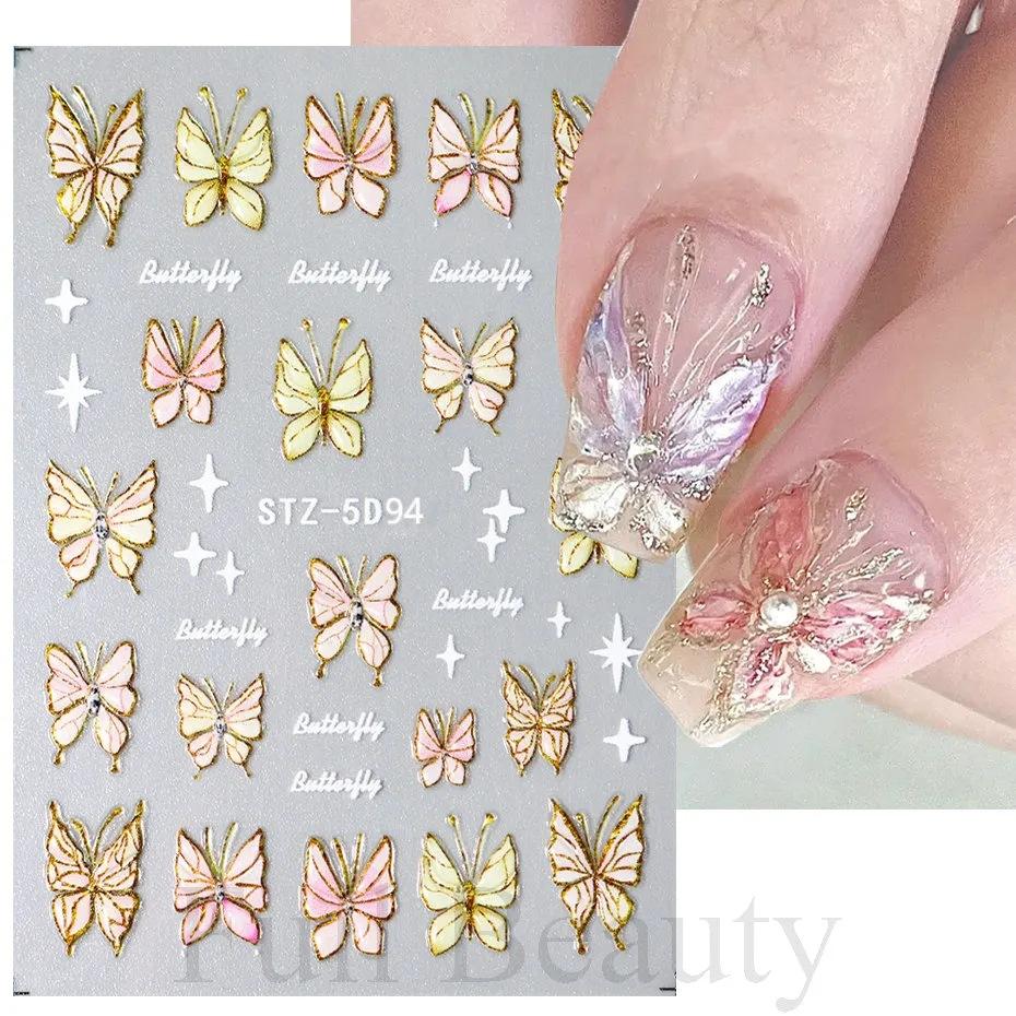 Nail Art Stickers Ins Embossed 5D Three-dimensional Rose Butterfly Ice Transparent Butterfly Adhesive Nail Stickers