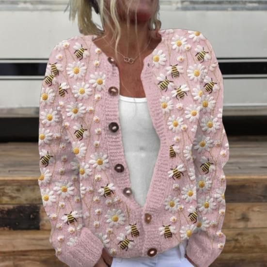Women Sweater Cardigan Round Neck Long Sleeve 3D Flower Pattern Button Up Knit Jacket Thickened Warm Fall Winter Tops