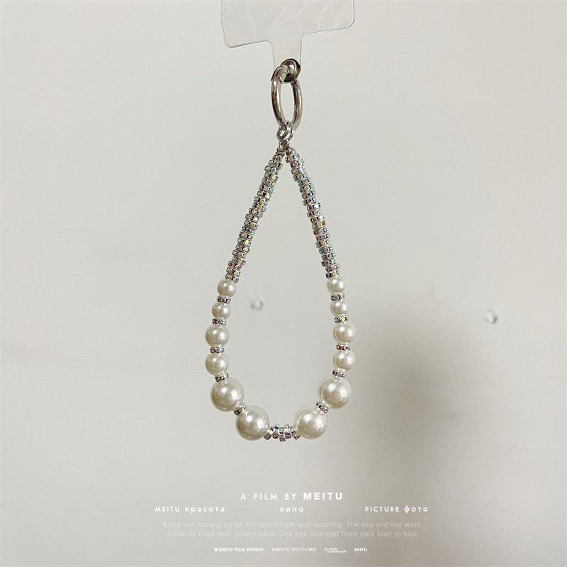 Pearl Rhinestone Mobile Phone Lanyard Clip Anti-Drop Short Hand Rope Keychain Decoration Advanced Sense Light Luxury Women
