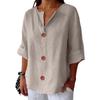 Spring and Summer Loose T-shirt Women's V-neck Cotton and Linen Button Up Top