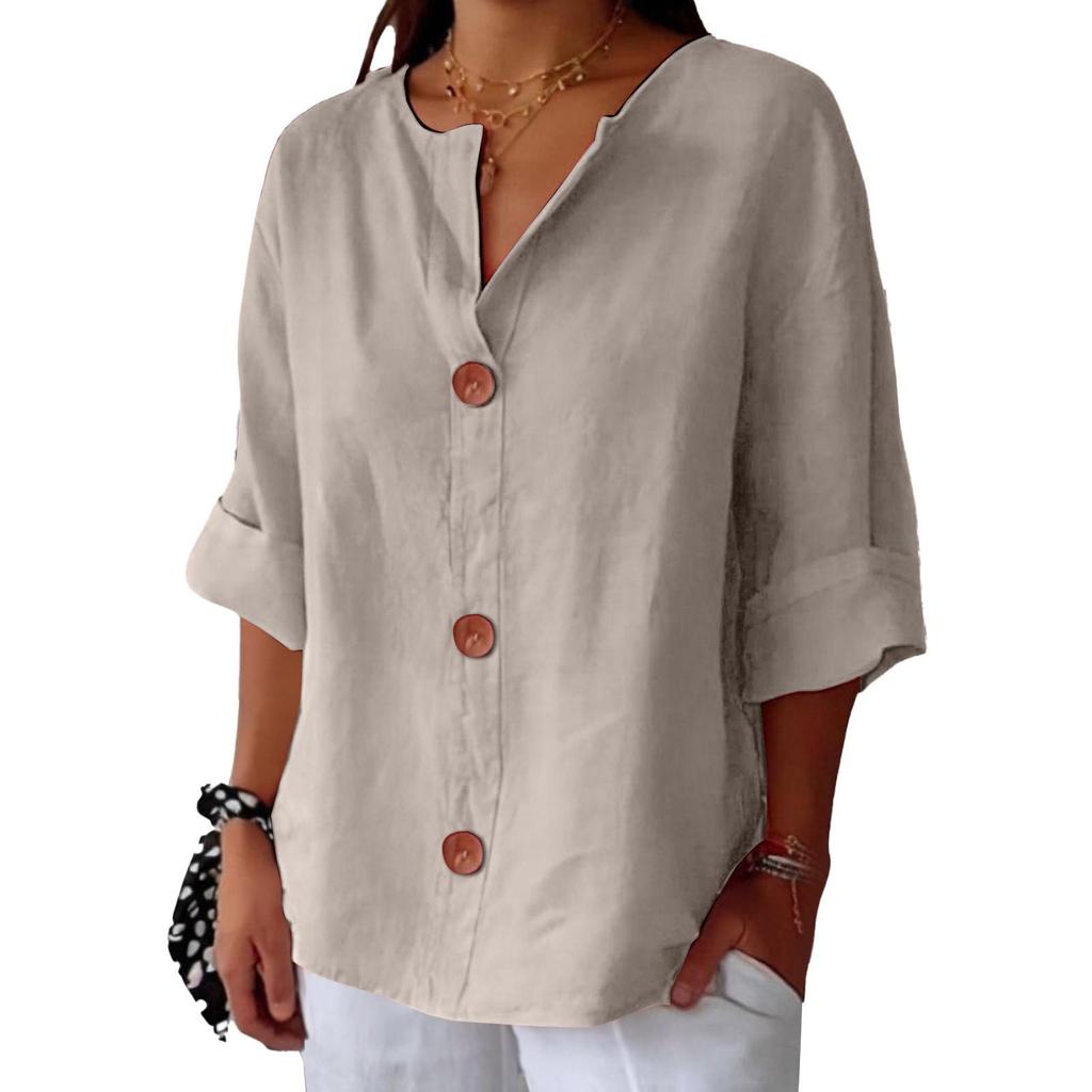 Spring and Summer Loose T-shirt Women's V-neck Cotton and Linen Button Up Top