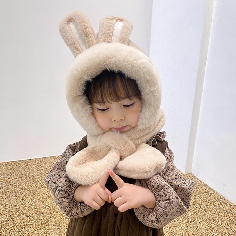 Kids Winter Hat Warm Plush Scarf Hats Thick Earflap Hooded Caps with Rabbit Ears Decoration for Boys Girls Ages 3-8