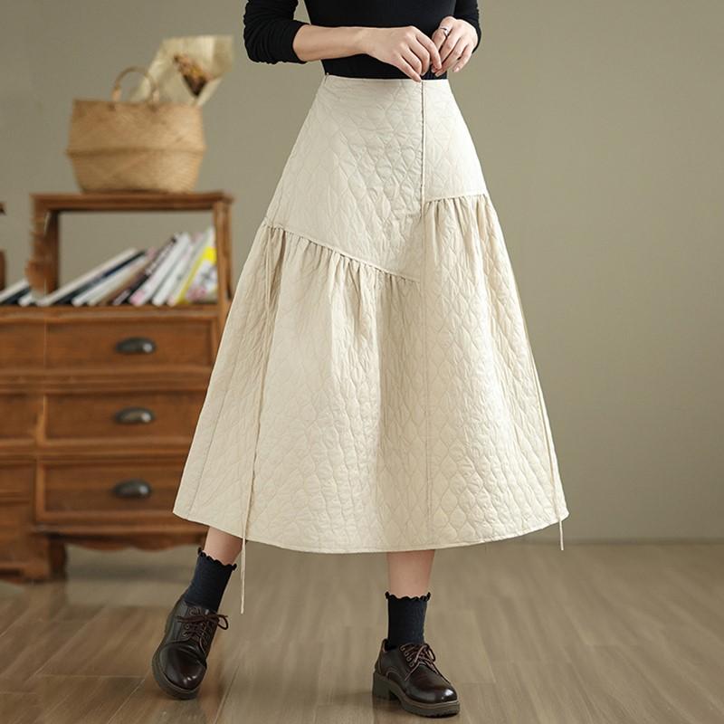 Algodão Acolchoado Tamanho Plus Cintura Alta Vintage Primavera Outono Inverno Casual Solto Longo para Mulher Saias Saia Feminina
