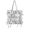 Korean Style Unique Pleated Shoulder Bag with Elegant Bows Nylon Handbag for Fashionable Women and Office Ladies Silver