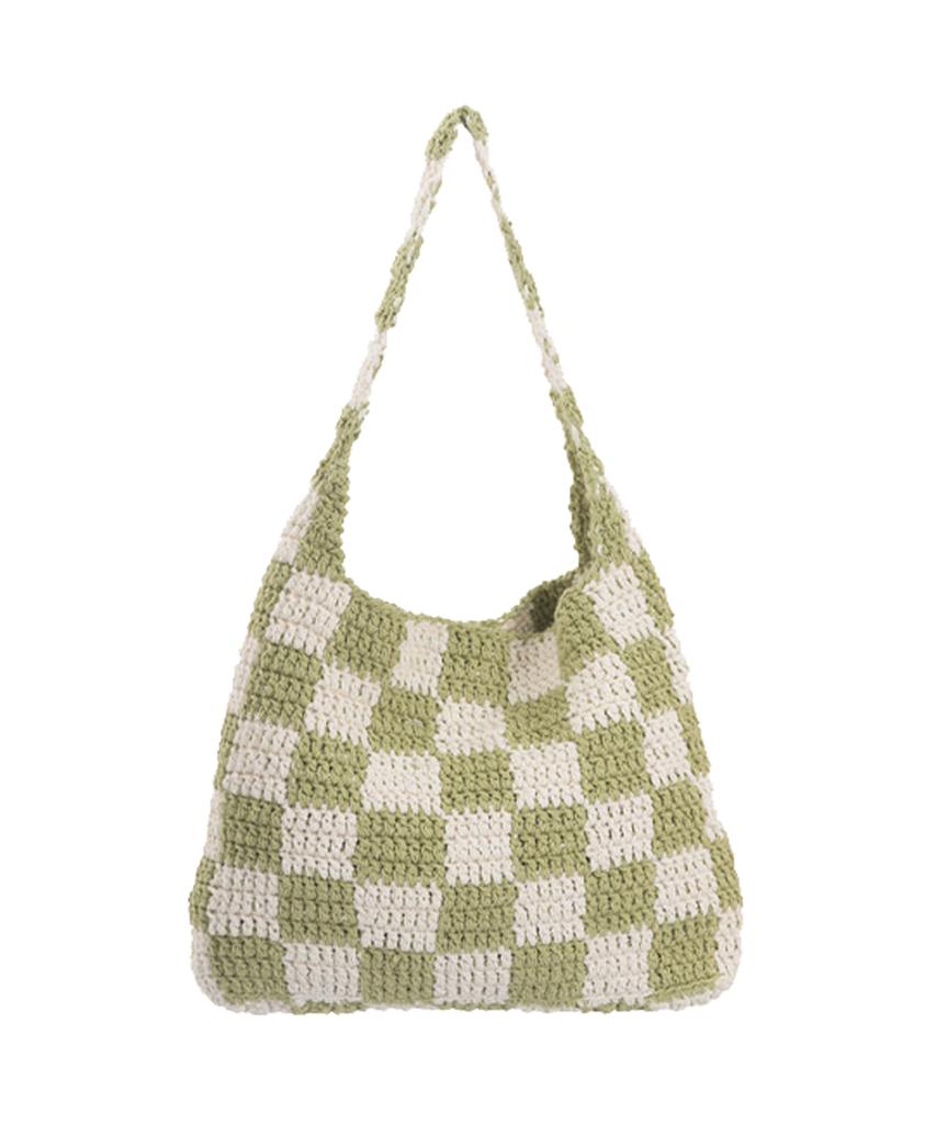 Slowslowly Chex Checkerboard Handmade Crochet Shoulder Bag _ Lime