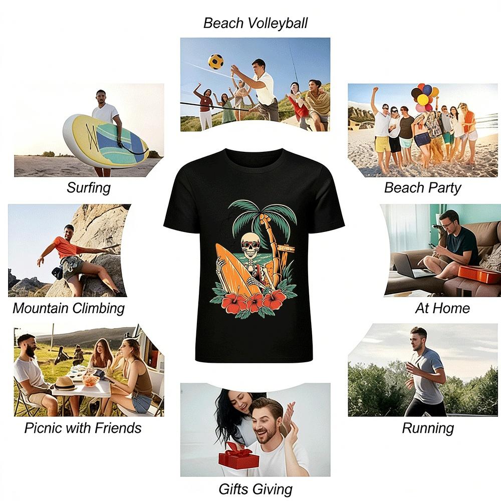 Vintage Skull Surfing Coconut Tree Graphic Short Sleeve Tee Pure cotton T-shirt