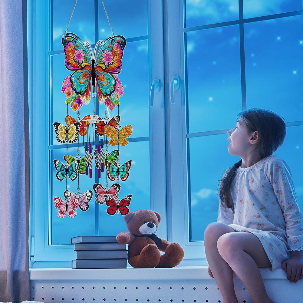 Double Sided Flower Butterflies Diamond Painting Wind Chimes DIY Rhinestones Wind Chime Kit for Home Garden Window
