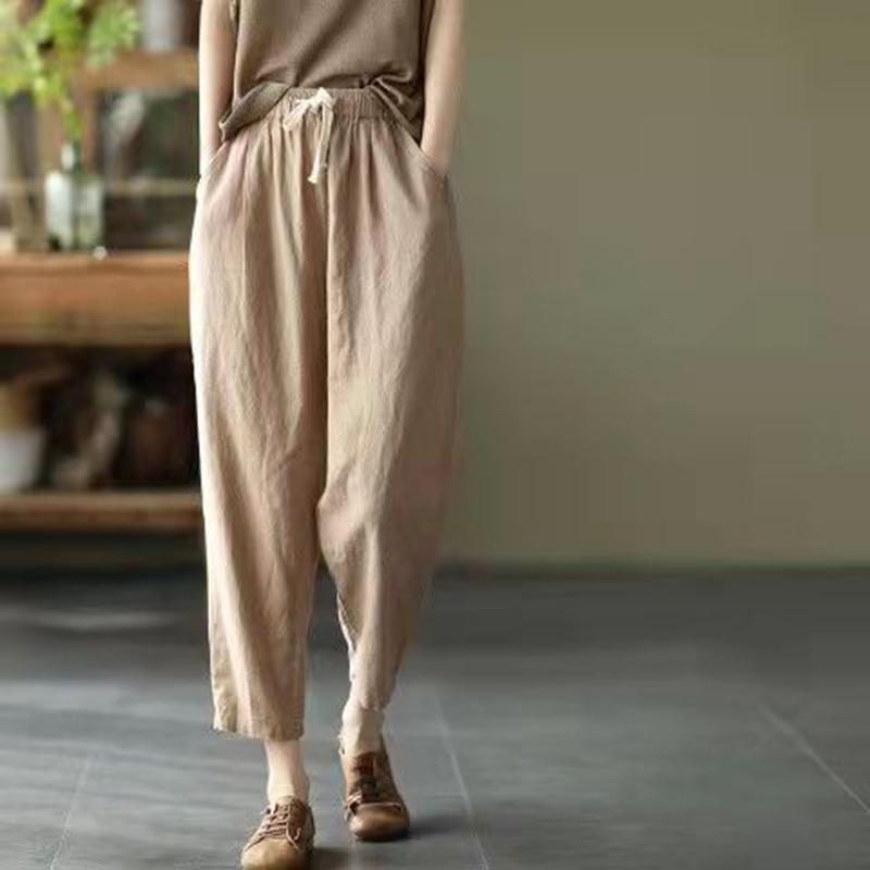 Solid Color Cotton and Linen Pants for Woman Vintage Loose Streetwear Harem Trousers Female Casual High Waist Drawstring Pants