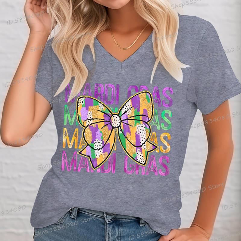 Fashion Women MardiGras TShirt Vintage New Orleans Carnival Bow Shirt V Neck Short Sleeve Festival Party Tops Mardi Gras Tees