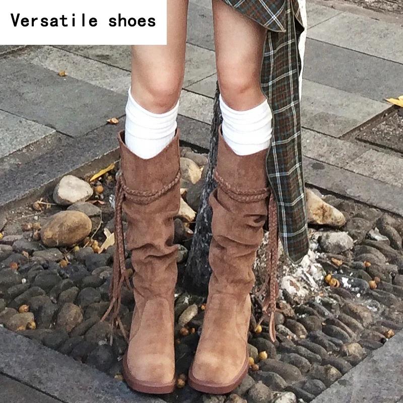 Vintage Quasten Damen Western Kniehohe Stiefel Mode Slipper Herbst Winter Dicke Ferse Damen Ritter Lange Stiefeletten