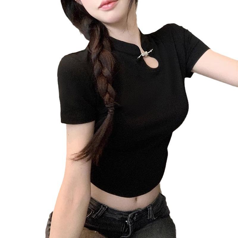 Women's Black Short Sleeve Cheongsam-Style Top with Modern Design