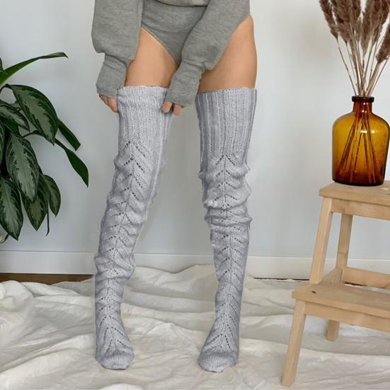 1 Pair Knitted Socks Solid Color Hollow Design Over The Knee Socks Breathable Comfortable High-Top Design Autumn Winter Socks