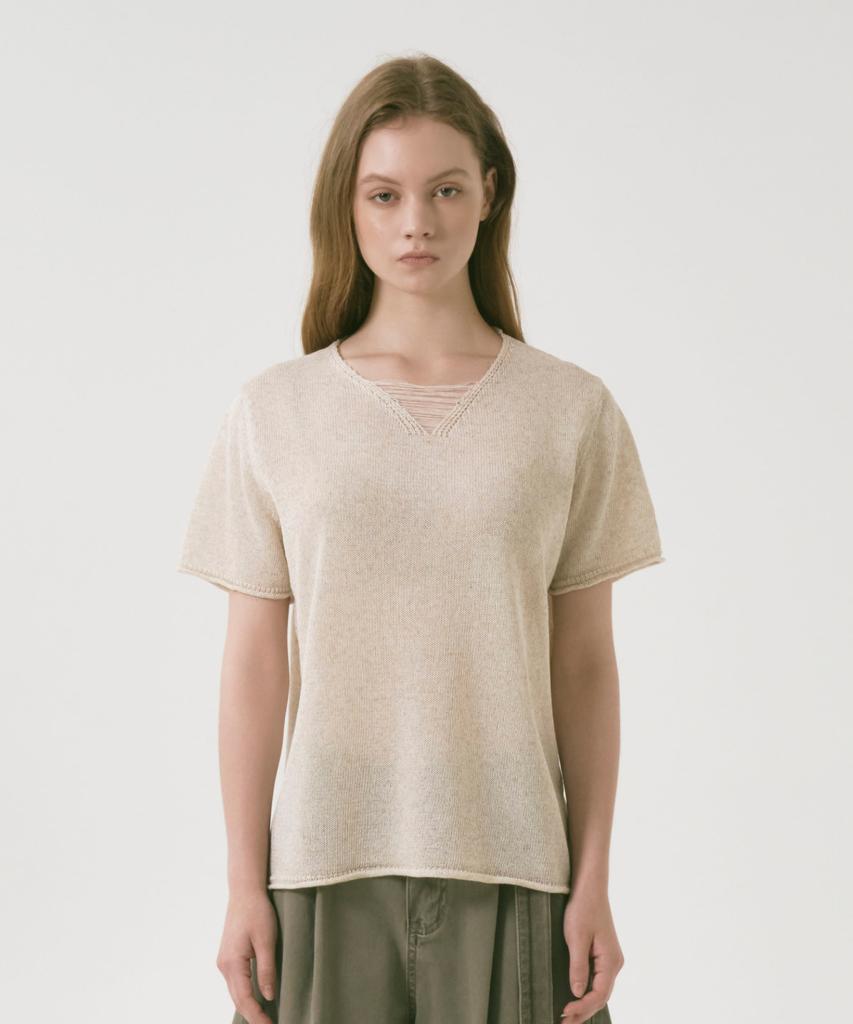 OCCUR Cooling Linen Lyocell Blended V-Neck Short Sleeve Knit, Oatmeal