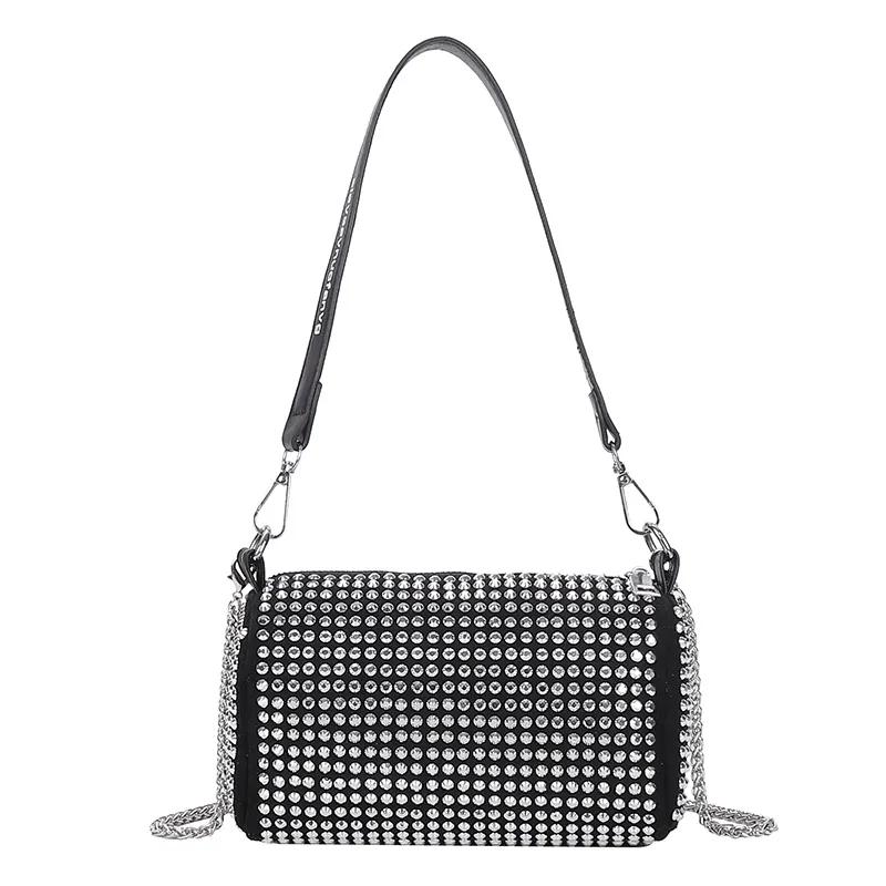 WTEMPO Casual Versatile Luxury Bright Diamond Shoulder Bag Women PU Leather Crossbody Bag Fashion Chains Messenger Handbag Elegant Armpit Pouch