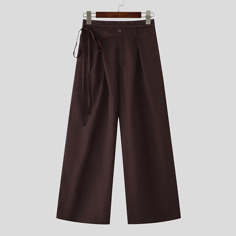 INCERUN Men Bandage Zip-up Waist Long Wide Leg Pants Casual Pockets Trousers