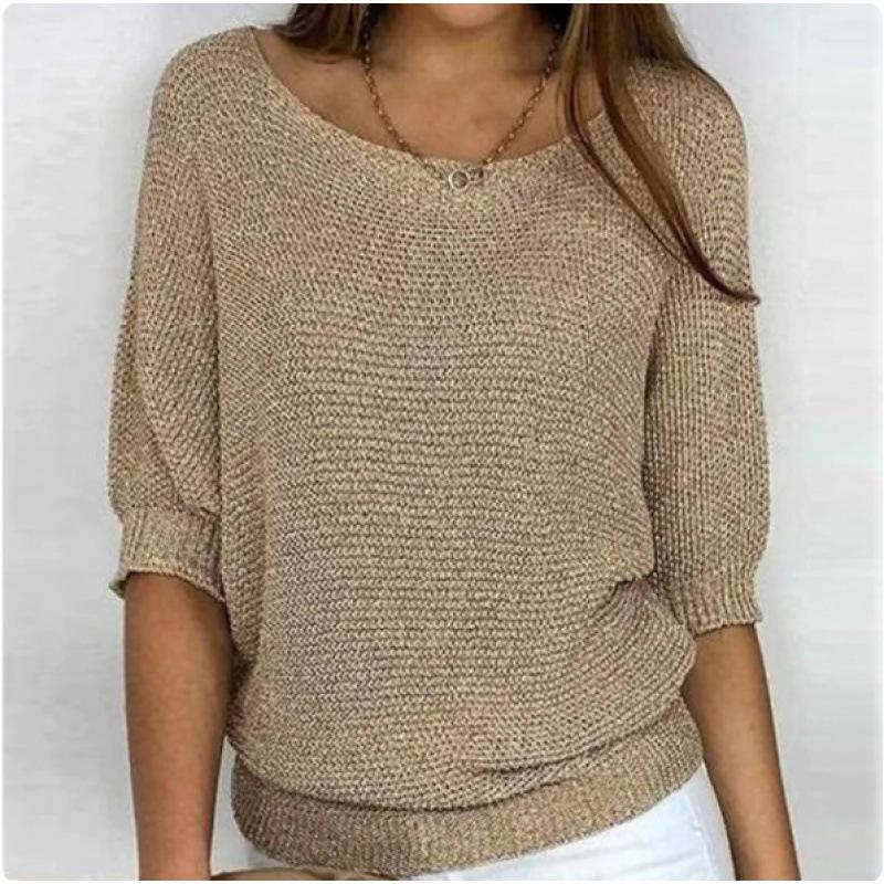Spring European & American Style Solid Color Round Neck Sweater - Women's Elegant Three-Quarter Sleeve Commuter Top