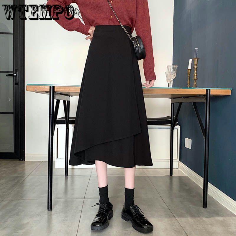 Women's Black Midi Skirt Plus Size Summer Irregular High Waisted Umbrella Skirt Mid To Long Length Slimming
