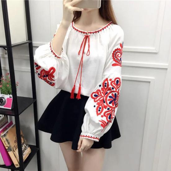 Summer Shirt Women Ethnic Style Embroidered Pattern Pullover Tops Round Neck Lantern Sleeve Loose Fit Blouse