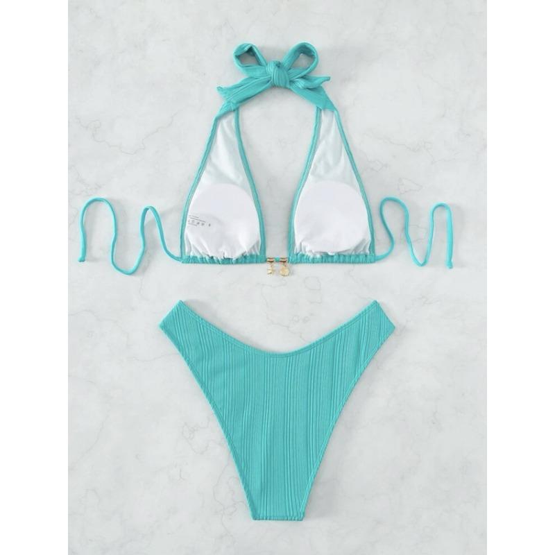 Women Solid Color Halter Neck Triangle Bikini Swimsuit For Swimming