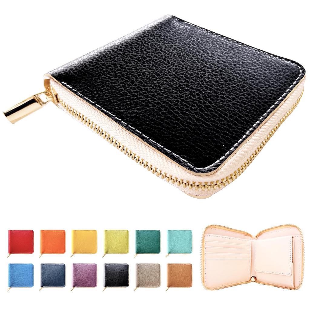 Trendy Yamagishi Bifold Wallet, Genuine Leather, Round Zipper, for Men and Women, Compact, High-Quality Embossed Leather, Deep Black