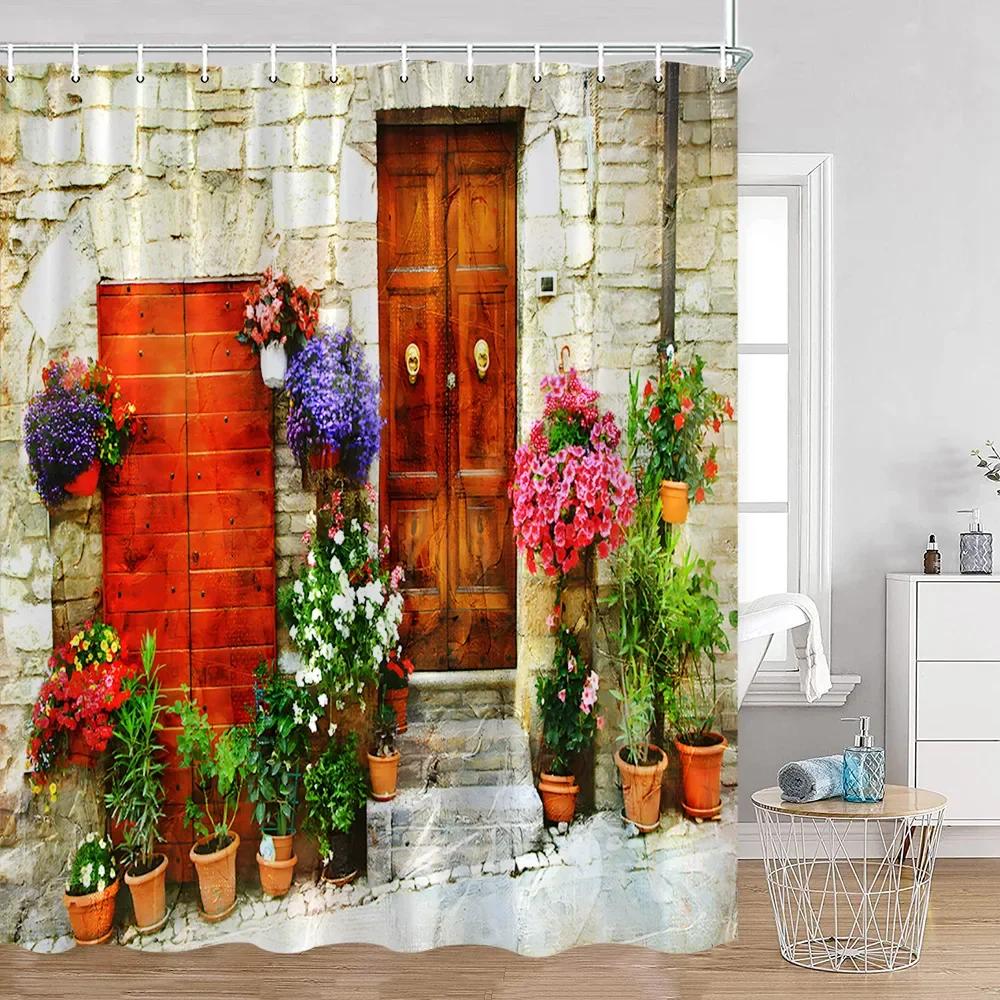 Vintage European Style Street View Shower Curtain Street View Old Stone Wall Plant Bathroom Curtain Bath Decoration